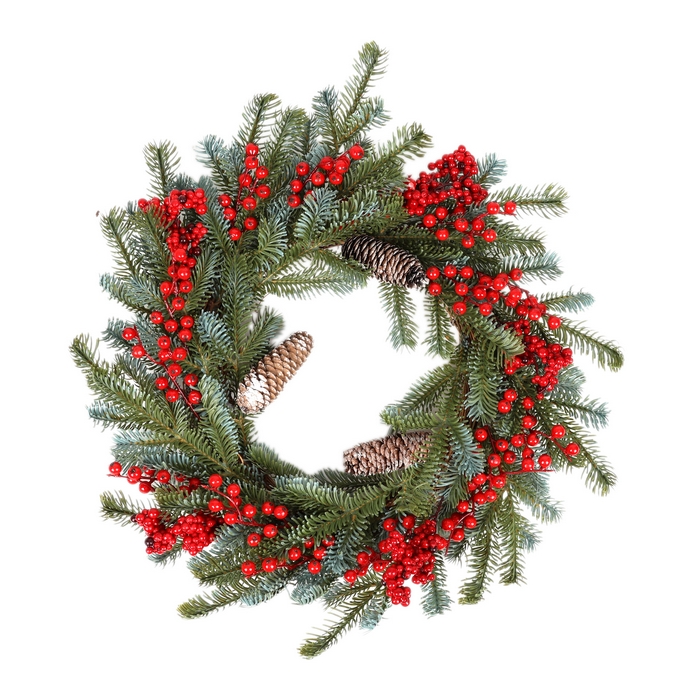 Coronita de craciun, GLOBAL CHRISTMAS, 50 cm, Rosu/Verde, Conuri/Pomușoare/Globuri, PE