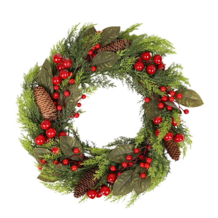 Coronita de craciun, GLOBAL CHRISTMAS, 50 cm, Rosu/Verde, Conuri/Pomușoare/Globuri, PE