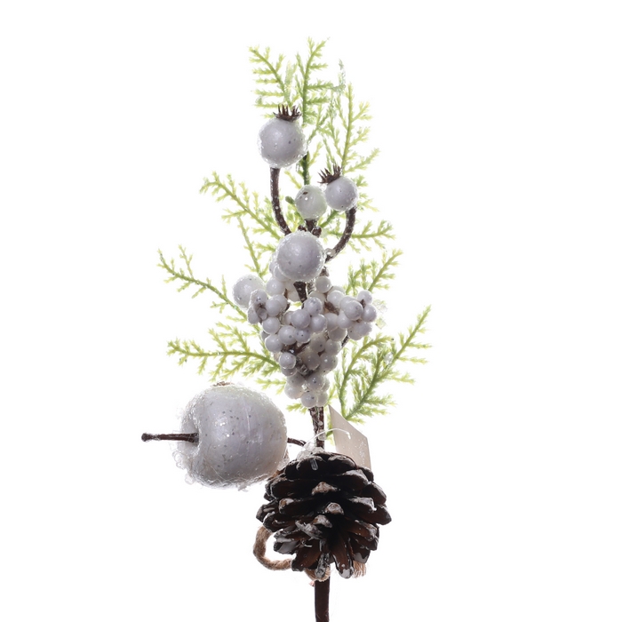 Christmas branch, GLOBAL CHRISTMAS, fir/cones/berries, 26 сm, White/Green