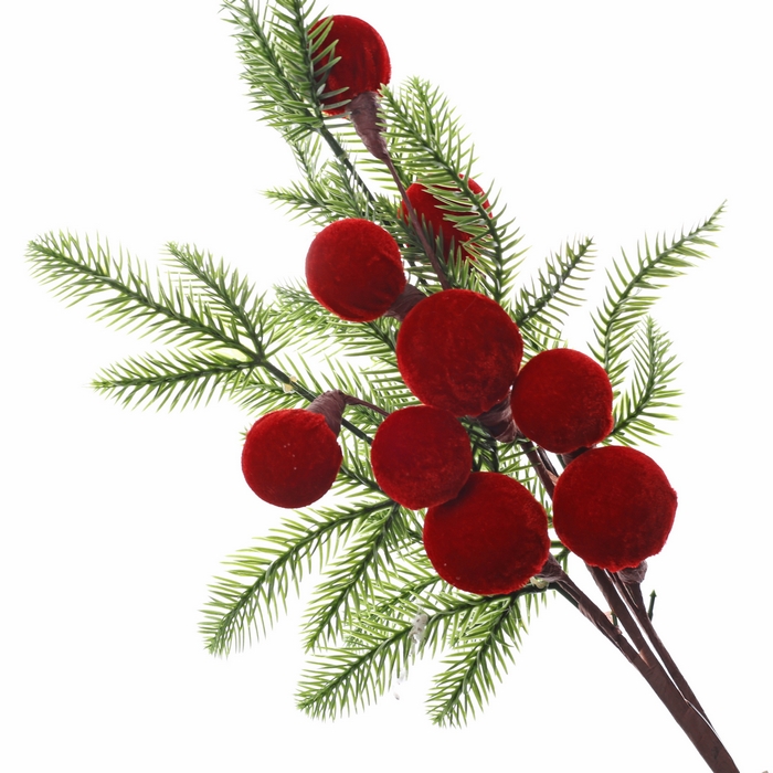 Christmas branch, GLOBAL CHRISTMAS, fir/cones/berries, 72cm, Green/Red