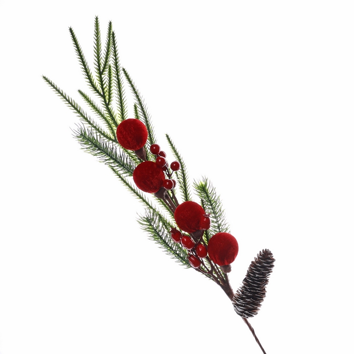Christmas branch, GLOBAL CHRISTMAS, fir/cones/berries, 74cm, Green/Red