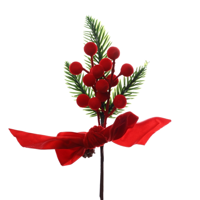 Christmas branch, GLOBAL CHRISTMAS, fir/cones/berries, 24 cm, Green/Red