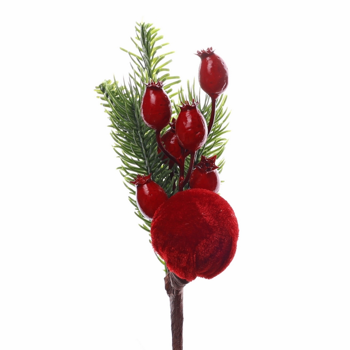 Christmas branch, GLOBAL CHRISTMAS, fir/cones/berries, 22 cm, Green/Red