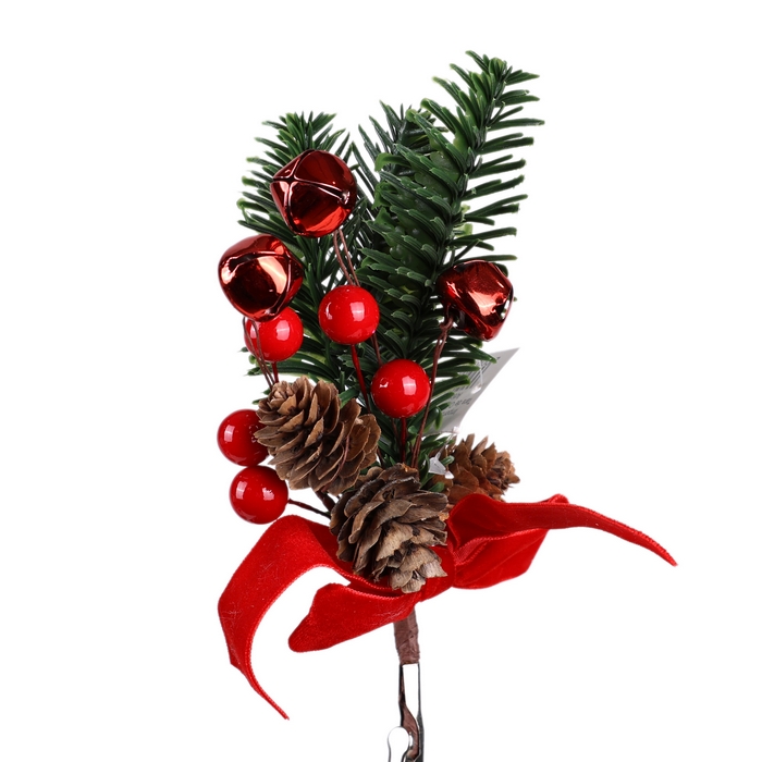 Christmas branch, GLOBAL CHRISTMAS, fir/cones/berries, 20 cm, Green/Red