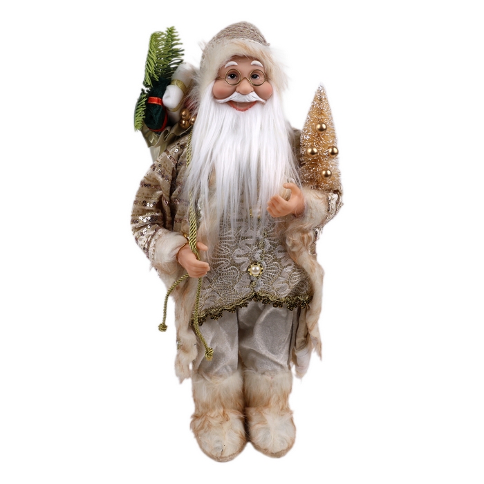 Mos craciun, GLOBAL CHRISTMAS, 45 cm, Alb/Auriu, Textil/Plastic