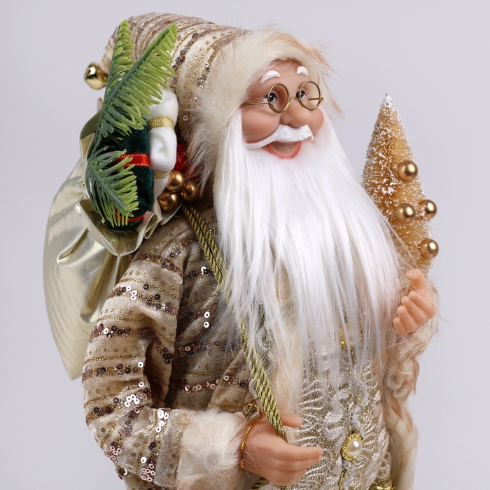 Mos craciun, GLOBAL CHRISTMAS, 45 cm, Alb/Auriu, Textil/Plastic