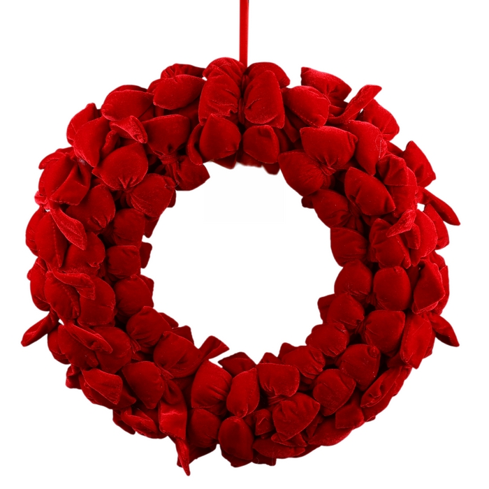 Новогодний декоративный венок, GLOBAL CHRISTMAS, Бархат, 48см, Красный, Бант