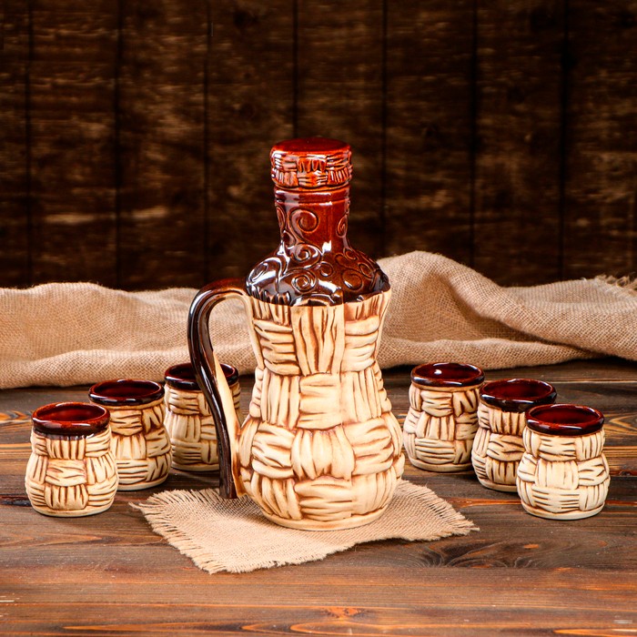 Набор для вина, ORIENS, Керамика, Береста, 1.2Л, Резка, 6 стаканов, С крышкой