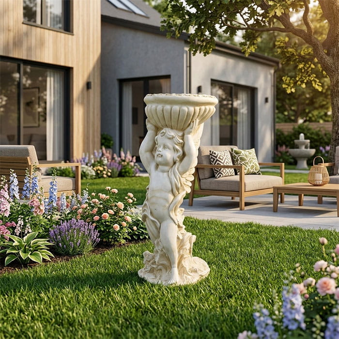 Statueta inger cu bol, ORIENS, Fildes, 53cm, Gips
