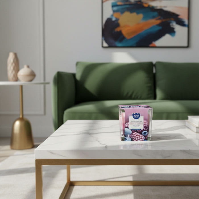 Lumanare parfumata, AURA, Fructe de padure, 32 ore, 170gr, 8cm, 8cm, Parafina, Multicolor