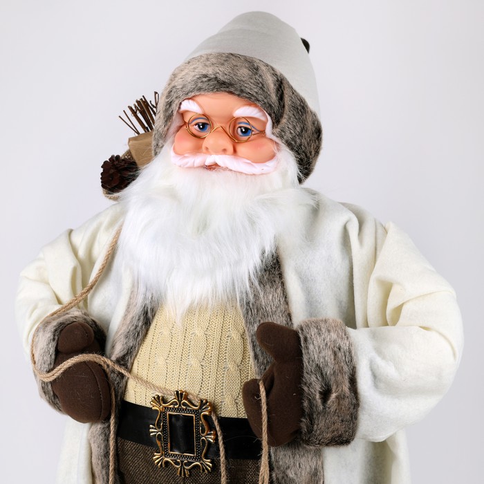 Mos craciun, GLOBAL CHRISTMAS, 60cm, Alb/Cafeniu, Textil/Plastic