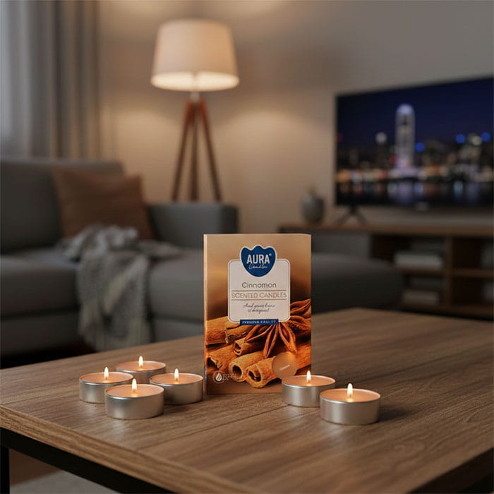Set 6 lumanari parfumate, AURA, Scortisoara, 4 ore, Bej, 6 buc