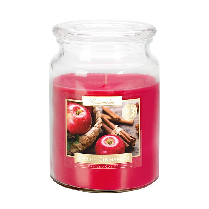 Lumanare parfumata, AURA, Mere & Scortisoara, 100 ore, 500gr, Rosu, Premium Line, Parafina, Cu capac