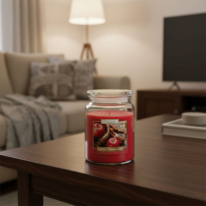 Lumanare parfumata, AURA, Mere & Scortisoara, 100 ore, 500gr, Rosu, Premium Line, Parafina, Cu capac