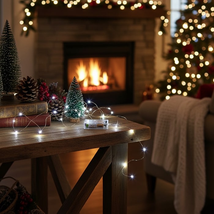 Instalatie luminoasa pe baterii, GLOBAL CHRISTMAS, 50 becuri LED, 5 m, Alb, Baterii, Lumina Rece