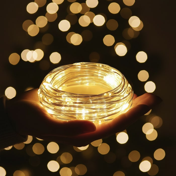 Instalatie luminoasa pe baterii, GLOBAL CHRISTMAS, 100 becuri LED, 10 m, Alb Cald, Baterii
