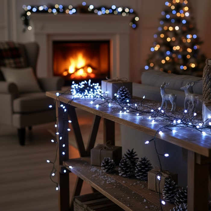 Instalatie luminoasa cluster, GLOBAL CHRISTMAS, 400 becuri LED, 10 m, Alb, 24 V, 8 Moduri de lumina