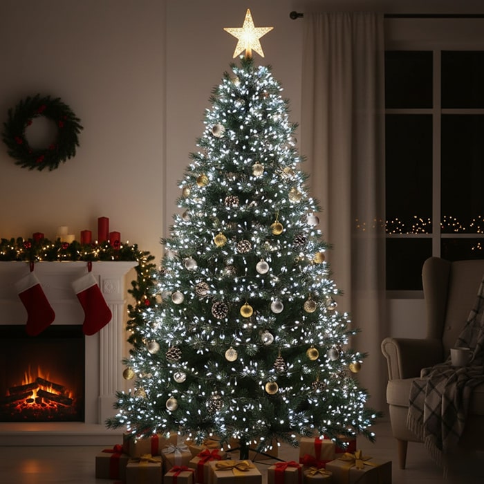 Instalatie luminoasa cluster, GLOBAL CHRISTMAS, 600 becuri, 20 m, Alb, 220 V, 8 Moduri de lumina