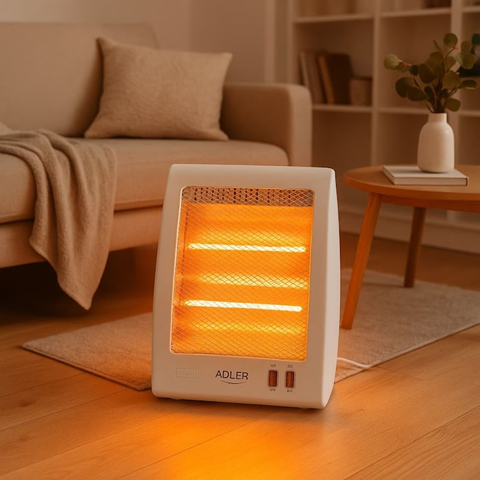 Радиатор, ADLER, Инфракрасный, 343x295x145 мм, 2, 800/1200W, 230 В, Пластик / галоген, Белый, 10 м2, На полу, на столе, Да, Использования в помещениях