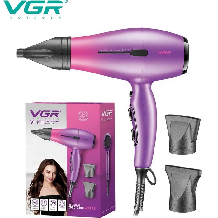 Hair dryer, VGR, 2400 W, 220/240 V, Violet, Plastic, Network, 2 nozzles