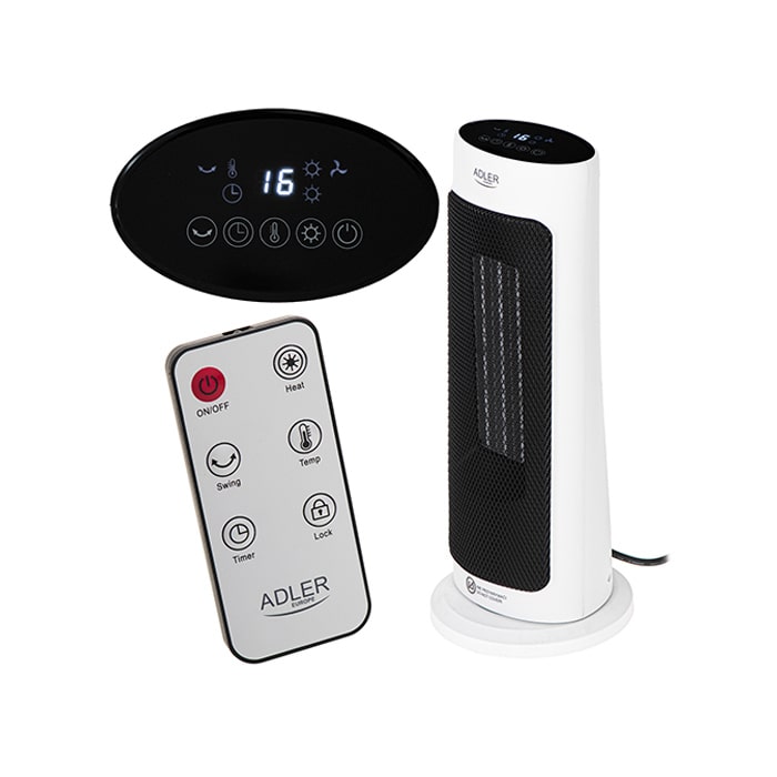Керамический нагреватель с вентилятором, ADLER, 1400W/2000W, 220 – 240 В / 50 - 60 Гц, Пластик, Белый, 25 м2, На полу, на столе, Управление с пульт ДУ