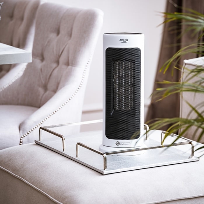 Керамический нагреватель с вентилятором, ADLER, 1400W/2000W, 220 – 240 В / 50 - 60 Гц, Пластик, Белый, 25 м2, На полу, на столе, Управление с пульт ДУ