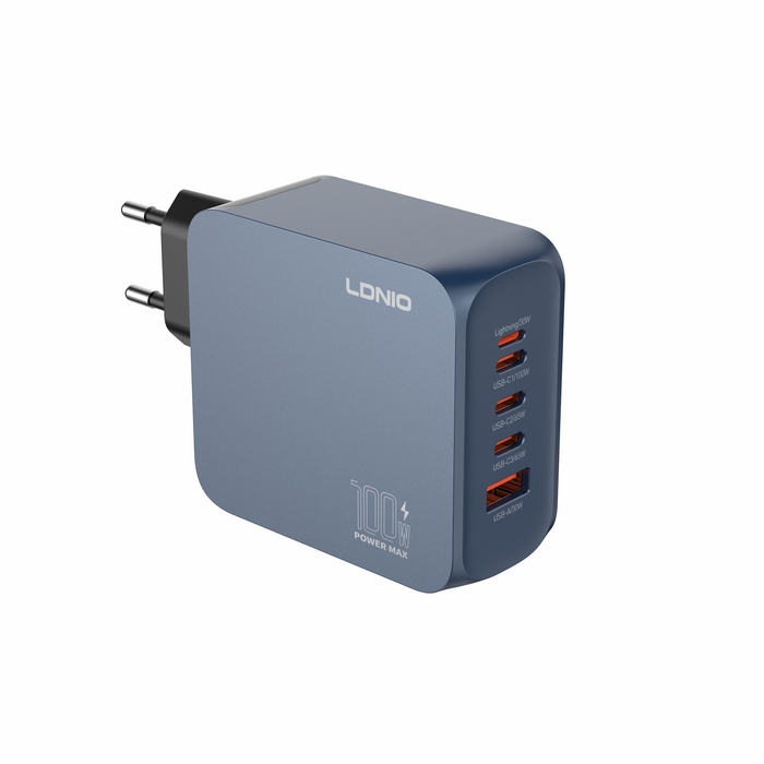 Wall charger, LDNIO, GaN, 100 W, USB-C, Plastic, Black