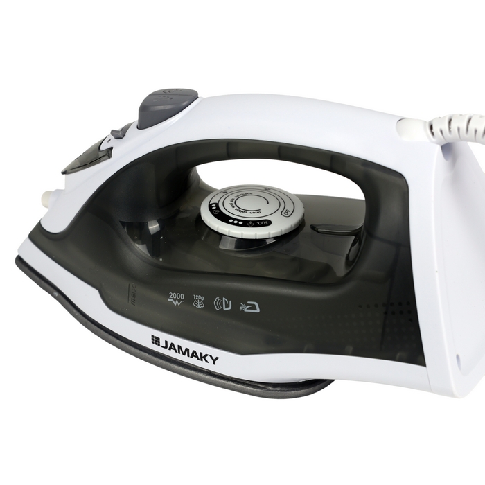 Fier de calcat, JAMAKY, Plastic/Ceramica, 2000 W, Retea, Alb/Negru