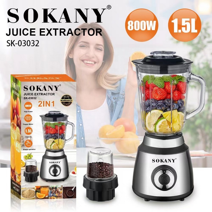 Blender multifunctional, SOKANY, Otel inoxidabil/Plastic, 800 W, 220-240V, 1.5L, 2 in 1