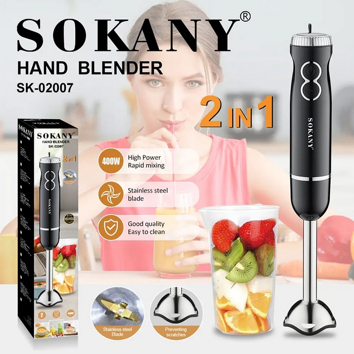 Blender de mana, SOKANY, Otel inoxidabil/Plastic, 2 in 1, Negru