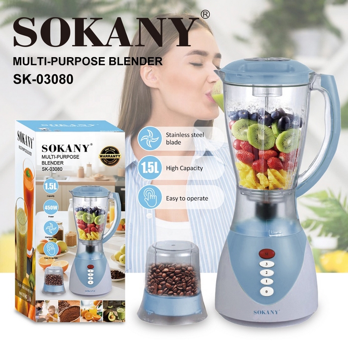 Blender multifunctional, SOKANY, Otel inoxidabil/Plastic, 450 W, 220-240V, 1.5L