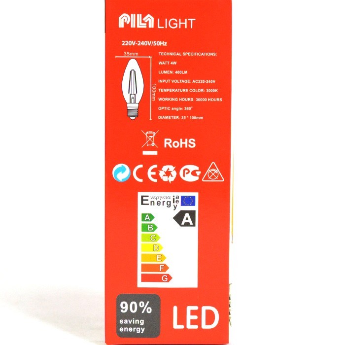 Light bulb, PILA, Led, 4W, E 27, Neutral 3000K, 400 Lm, 30000 h, 360°, 10cm, 3.5cm, 220/240 V, A