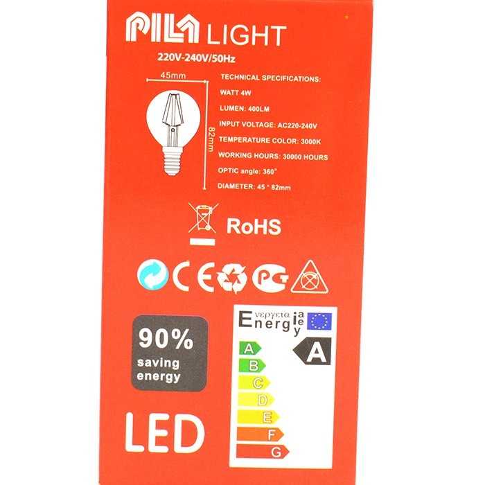 Light bulb, PILA, Led, 4W, G45, Neutral 3000K, 400 Lm, 30000 h, 360°, 220/240 V, A