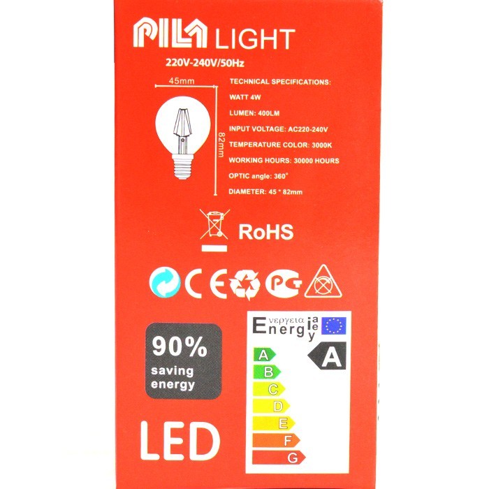 Light bulb, PILA, Led, 4W, G45, Neutral 3000K, 400 Lm, 360°, 30000 h, 220/240 V, A