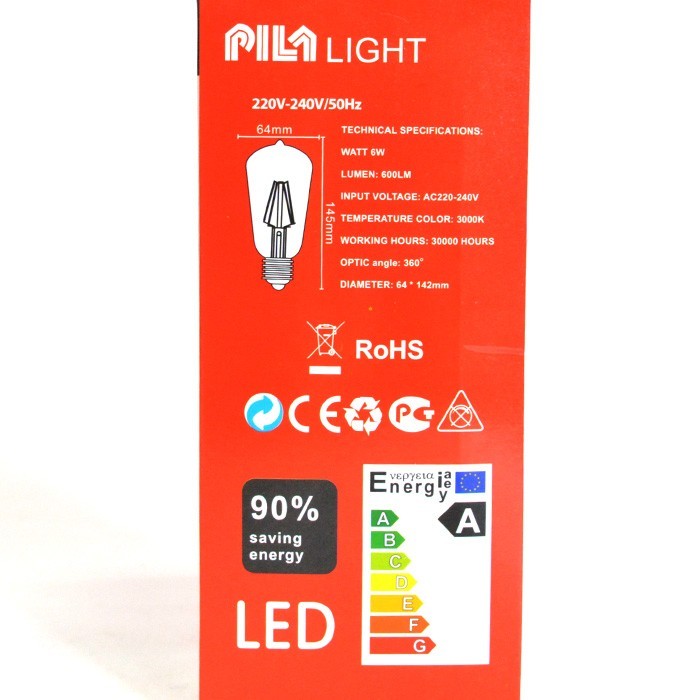 Light bulb, PILA, Led, 6W, E 27, T64, Neutral 3000K, 600Lm, 30000 h, 360°, 220/240 V, A