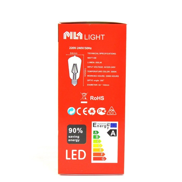 Light bulb, PILA, Led, 8 W, T64, E 27, Neutral 3000K, 30000 h, 360°, 220/240 V, 800 Lm, A