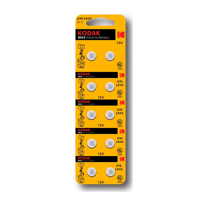 Set baterii, KODAK, 2 buc, Alcalina, A76, 1.5 V, LR44, AG13, A76, 76A, V13GA, 11.6 mm, 5.4 mm, Argintiu, Rotunda