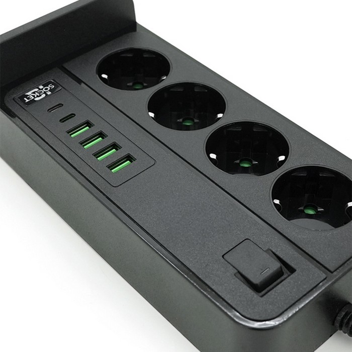 Outlet extender, GS, USB-A + USB-C, Plastic, Black, 3m