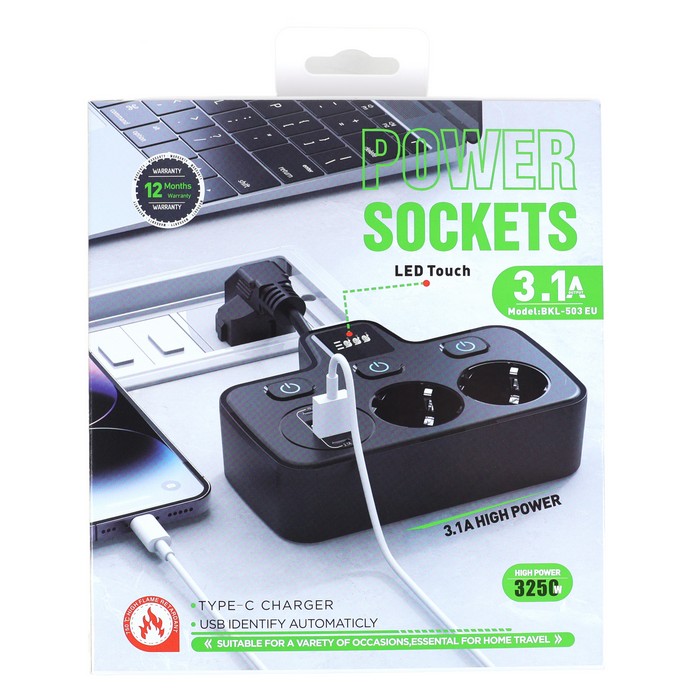 Outlet extender, GS, USB-A + USB-C, Plastic, Black