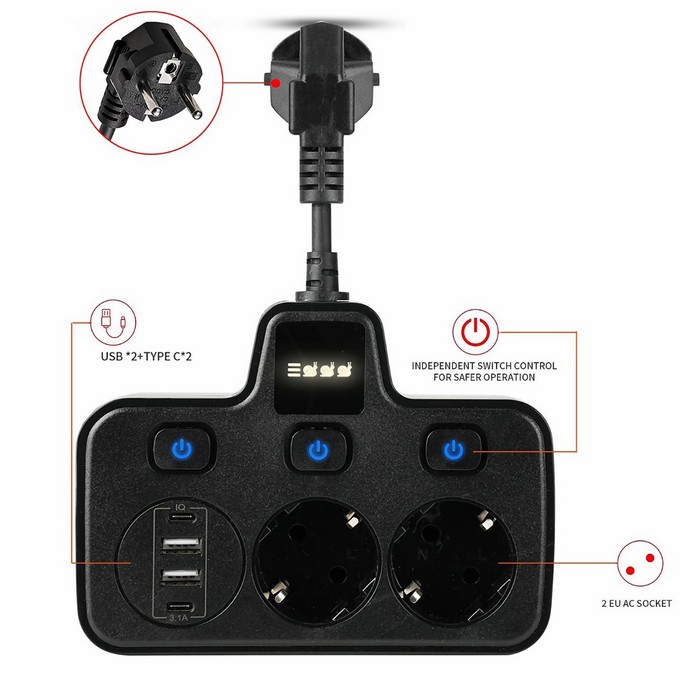 Outlet extender, GS, USB-A + USB-C, Plastic, Black