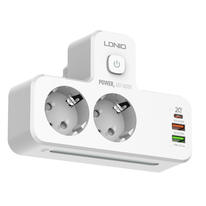 Outlet extender, LDNIO, 2500 W, USB-A + USB-C, 20w, Plastic, White