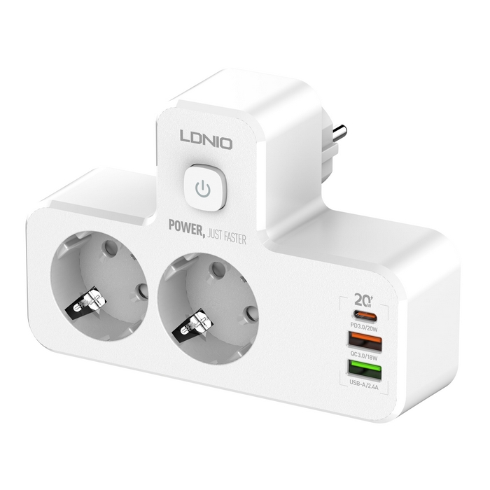 Outlet extender, LDNIO, 2500 W, USB-A + USB-C, 20w, Plastic, White