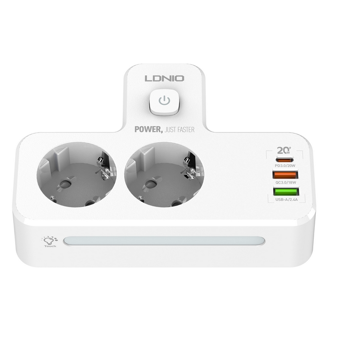 Outlet extender, LDNIO, 2500 W, USB-A + USB-C, 20w, Plastic, White