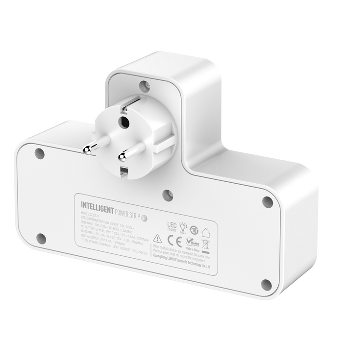 Outlet extender, LDNIO, 2500 W, USB-A + USB-C, 20w, Plastic, White