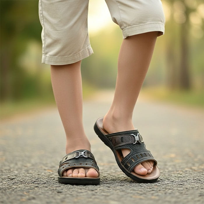 Slapi adolescenti, GS, 35-39, Negru/Cafeniu, Piele ecologica, Talpa Cauciucata, Slapi, Pentru Copii