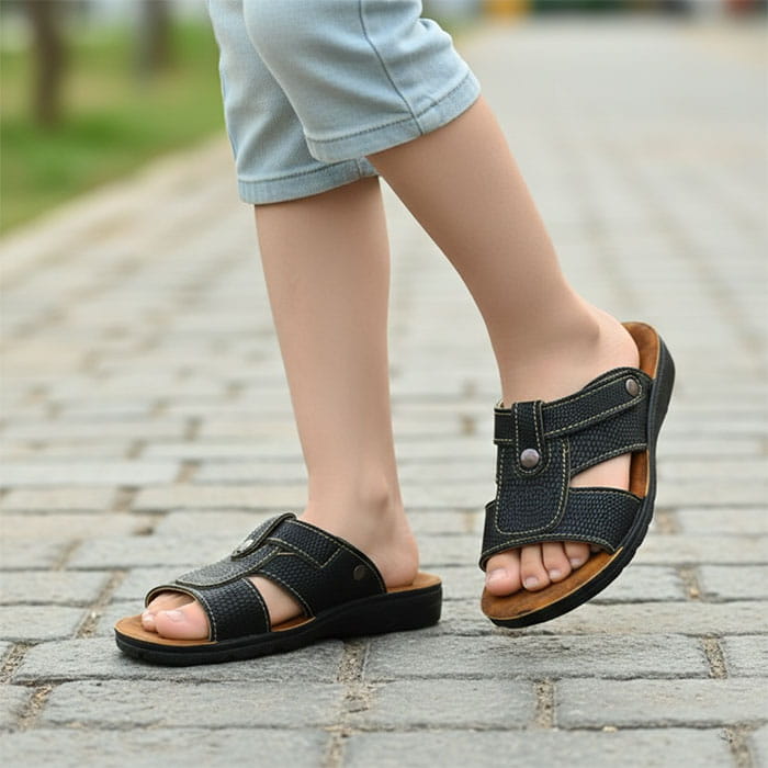 Sandalete adolescenti, GS, 35-39, Negru/Cafeniu, Piele sintetica, Talpa Cauciucata, Slapi, Pentru Copii