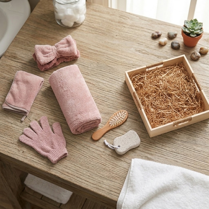 Set ingrijire corporala, HAODA, 6 piese, Roz, Ladita Lemn