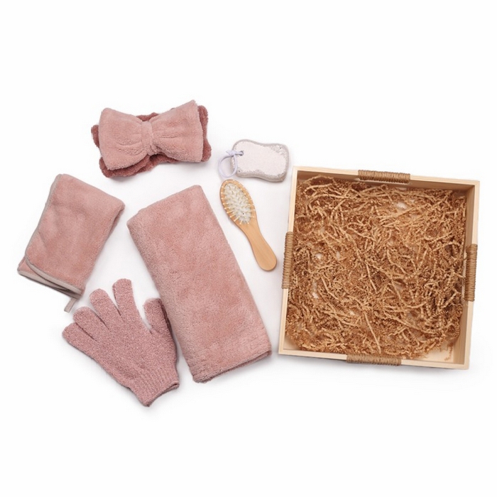 Set ingrijire corporala, HAODA, 6 piese, Roz, Ladita Lemn