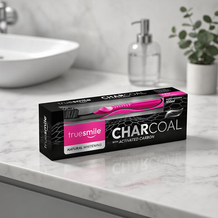 Set pasta de dinti cu periuta, TRUE SMILE, 100 ml, Charcoal, Pentru Adulti, Pasta de dinti