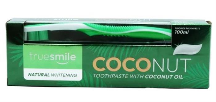 Set pasta de dinti cu periuta, TRUE SMILE, 100 ml, Whitening, Coconut Oil, Pentru Adulti